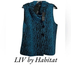 HABITAT vest,M,asymmetrical open front ,buttons ,cowl neck PTP 22”turquoise,NWT
